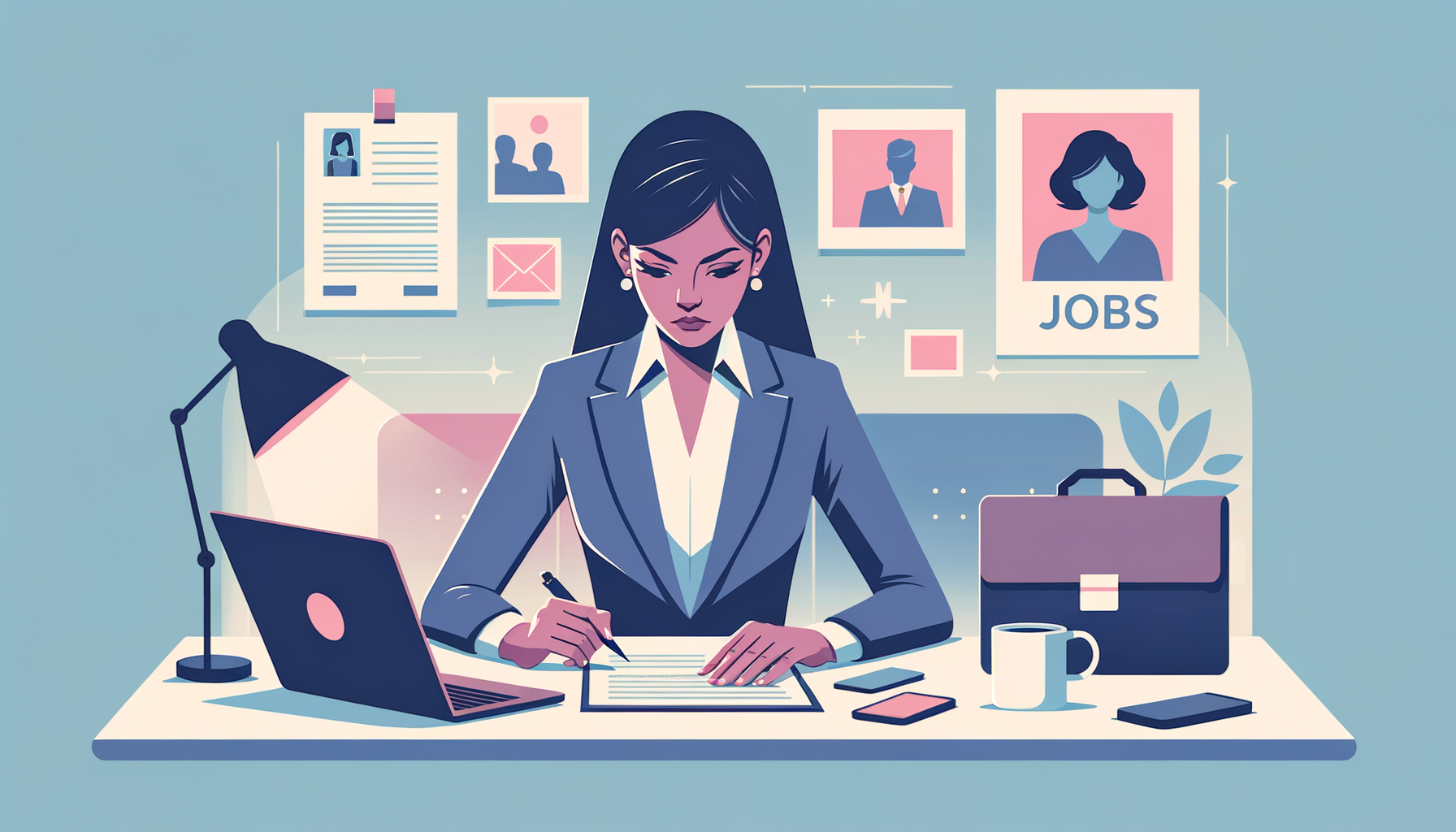 An illustration of a professional woman working at a desk with a laptop, surrounded by job-related icons and documents, symbolizing career development and job search.