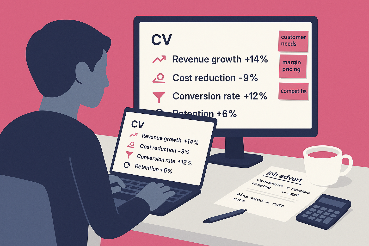 Young UK job seeker at a tidy desk edits a CV on a laptop showing measurable metrics (revenue growth, cost reduction, conversion rate, retention), with sticky notes labelled customer needs, margin, pricing and competitors, a printed job advert with highlighted keywords, a calculator, a notepad with ROI calculations and a cup of tea, illustrating commercial awareness on a CV.