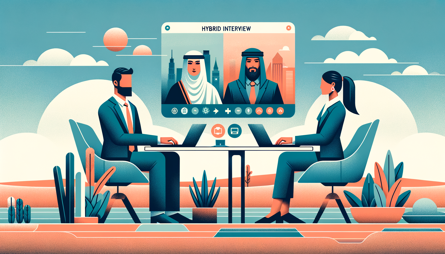 Animated illustration of a hybrid interview setup with two professionals at a table, participating in a video call featuring two individuals in traditional Middle Eastern attire, set against a modern cityscape background.