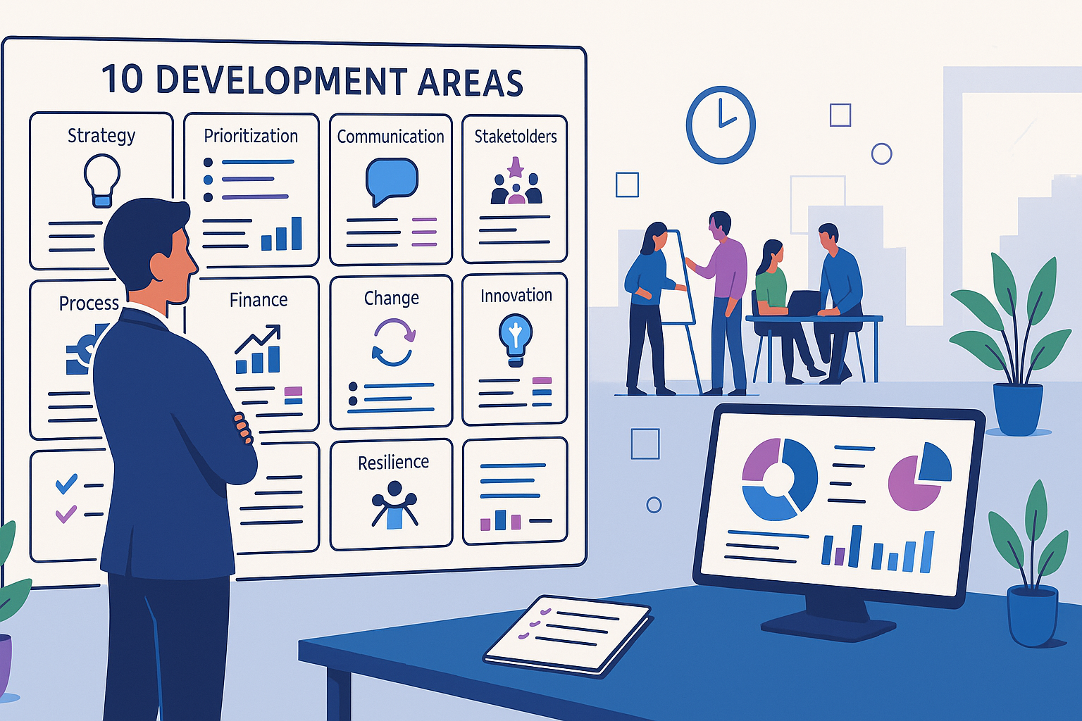 A confident leader in a modern office reviews a wall displaying ten leadership development areas (strategy, prioritisation, communication, stakeholders, talent, process, finance, change, innovation, resilience) with concise bullet points and metrics, while a team collaborates in the background, a performance dashboard appears on a screen, and a notebook with a one-page plan sits on the desk.