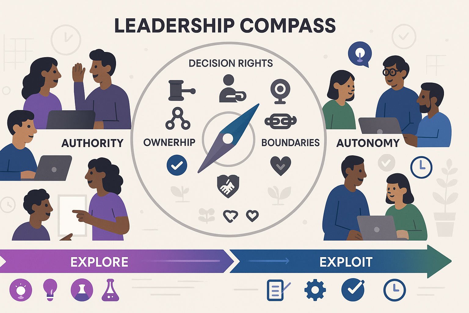 Conceptual leadership diagram showing a central compass balancing authority and autonomy, with icons for decision rights, single ownership, goals–boundaries–linkages, a lightweight governance ring, two lanes for Explore and Exploit, and a network of decentralised teams executing locally for speed and trust.
