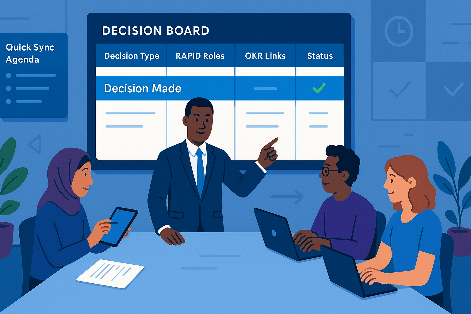 Leadership team in a modern meeting room reviewing a decision board with columns for decision type, RAPID roles, OKR links and status, as a leader points to a 'Decision Made' entry while colleagues take notes beside a one-page brief and a quick sync agenda.
