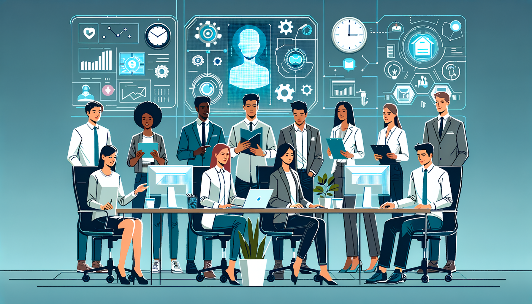 Group of professionals working collaboratively in a modern office setting with digital interfaces displaying analytics and data insights on a large screen.