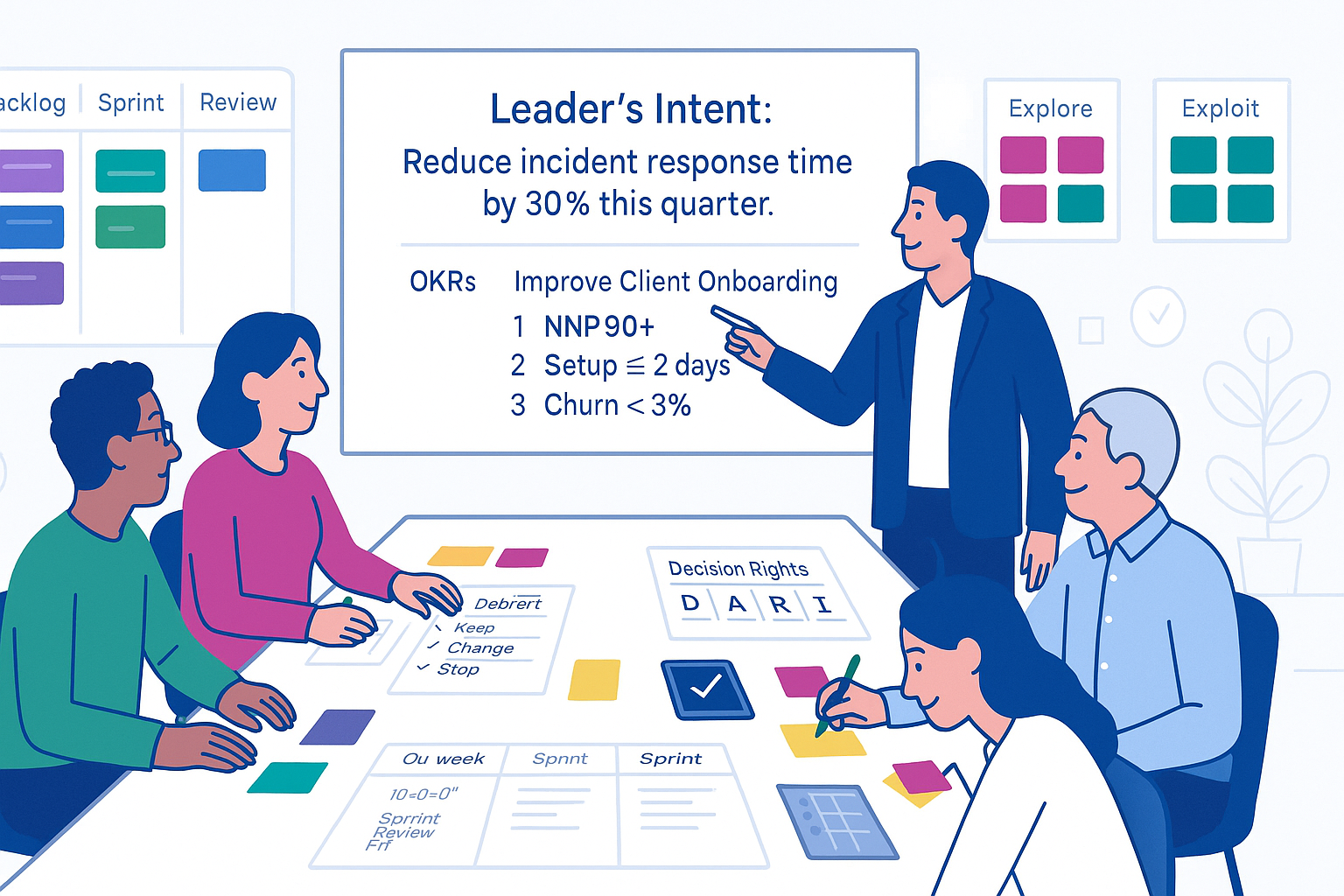 Diverse business leaders in a war room style meeting review a wall with OKRs, a two-week sprint calendar, Explore vs Exploit boards, and a one-sentence leader’s intent, with debrief notes and decision rights matrices on the table.
