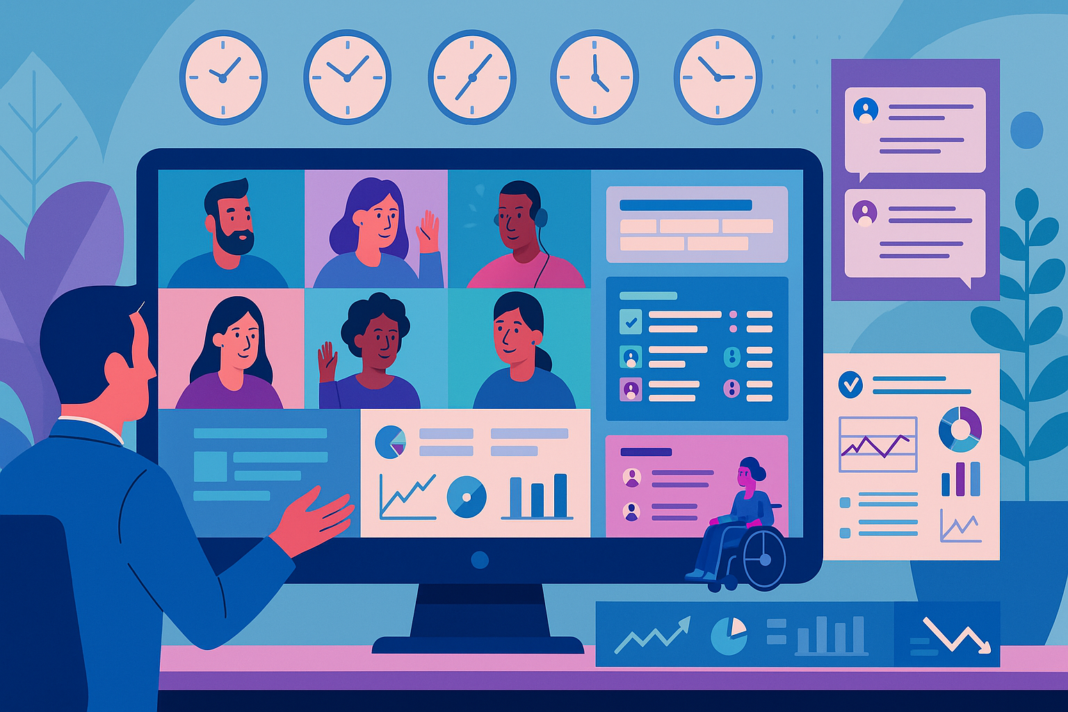 Remote leadership team on a video call with a grid of diverse teammates, showing a shared screen with a one-page strategy, a weekly commitments board, a searchable decision log, dashboards of leading indicators such as cycle time, throughput and work in progress, visible time zone clocks, and a collaborative document with tracked comments in a tidy digital workspace.