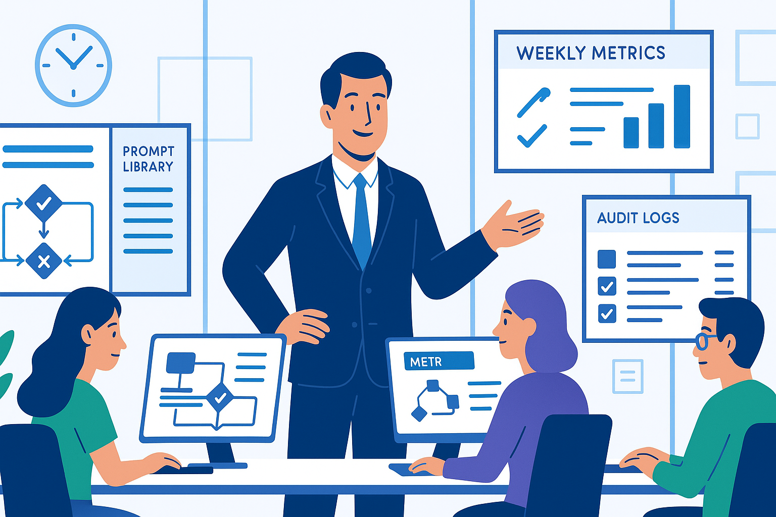 A business leader in a glass-walled operations room oversees a diverse team monitoring AI system dashboards showing data pipelines, decision thresholds, approval flows, audit logs, a prompt library, and a weekly metrics board.