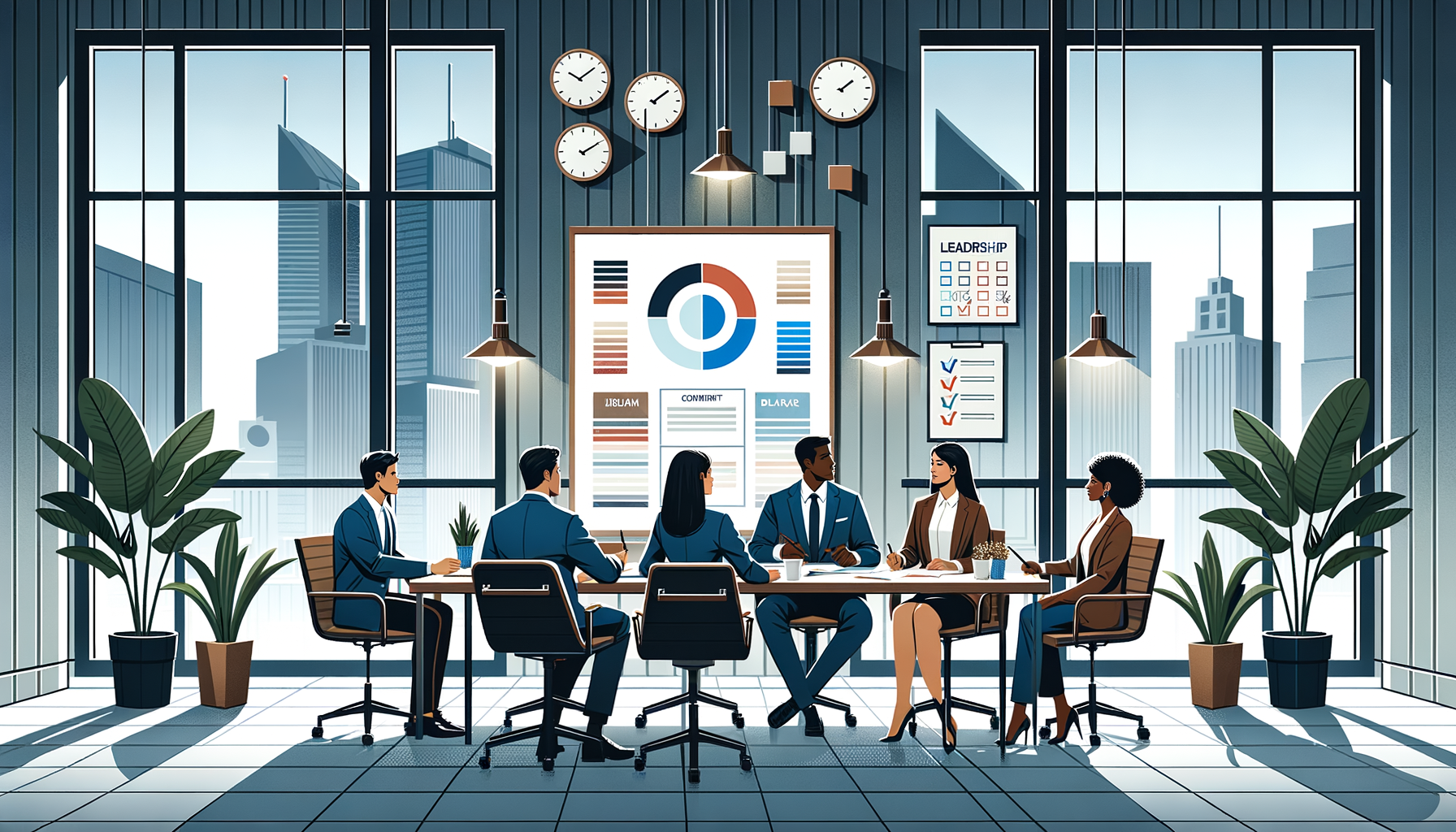 Business meeting in modern office with diverse team discussing leadership strategy, surrounded by tall windows and city skyline view.