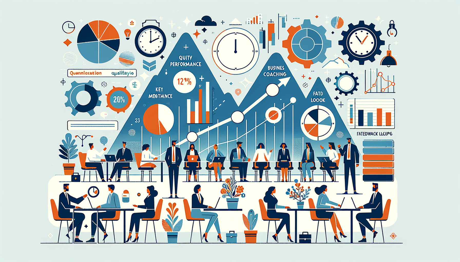 Illustration of a business meeting with charts, gears, and graphs showcasing teamwork, analytics, and productivity.
