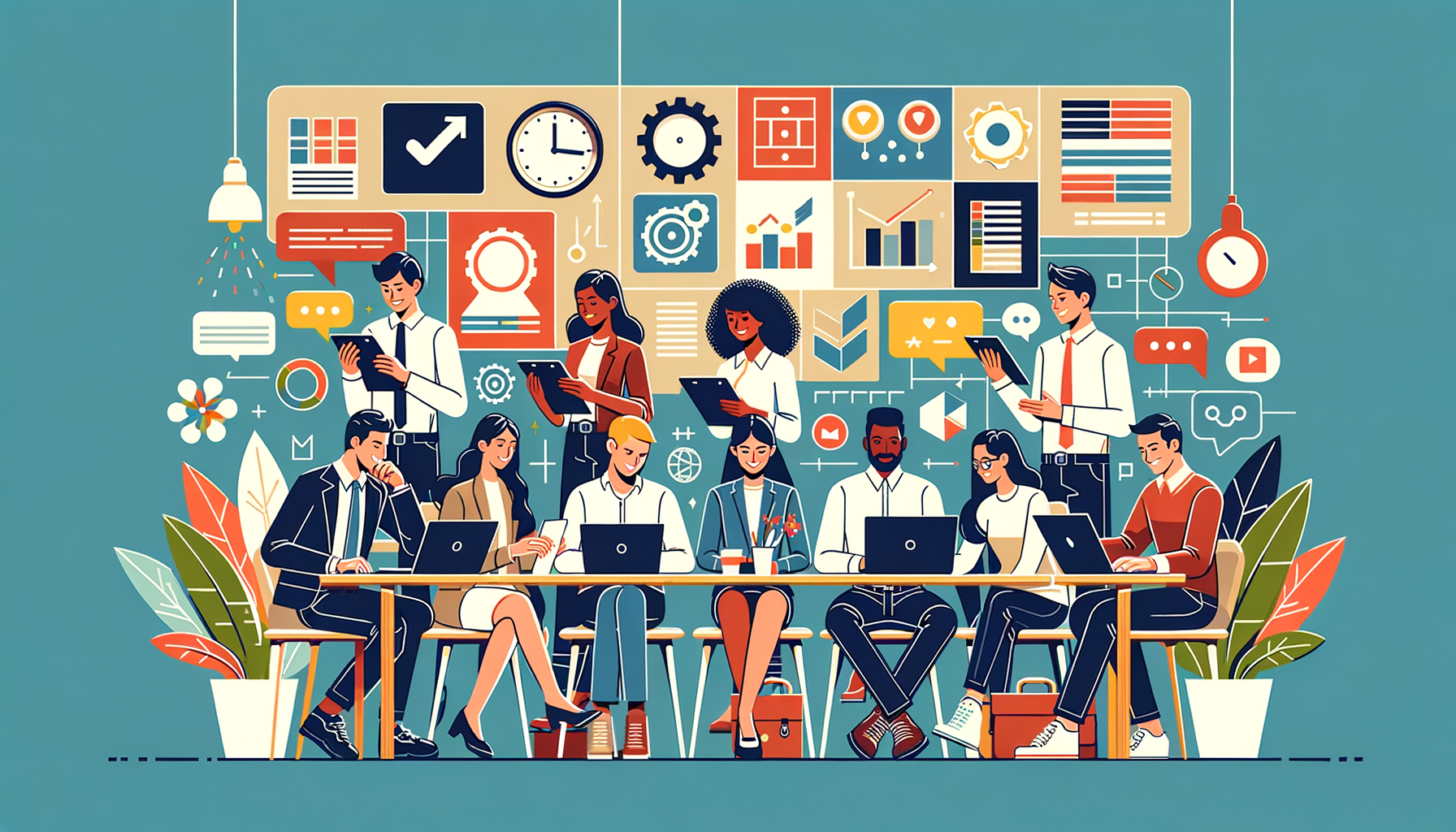 Illustration of a diverse business team collaborating on laptops and tablets, surrounded by digital analytics and communication icons, enhancing teamwork and productivity.