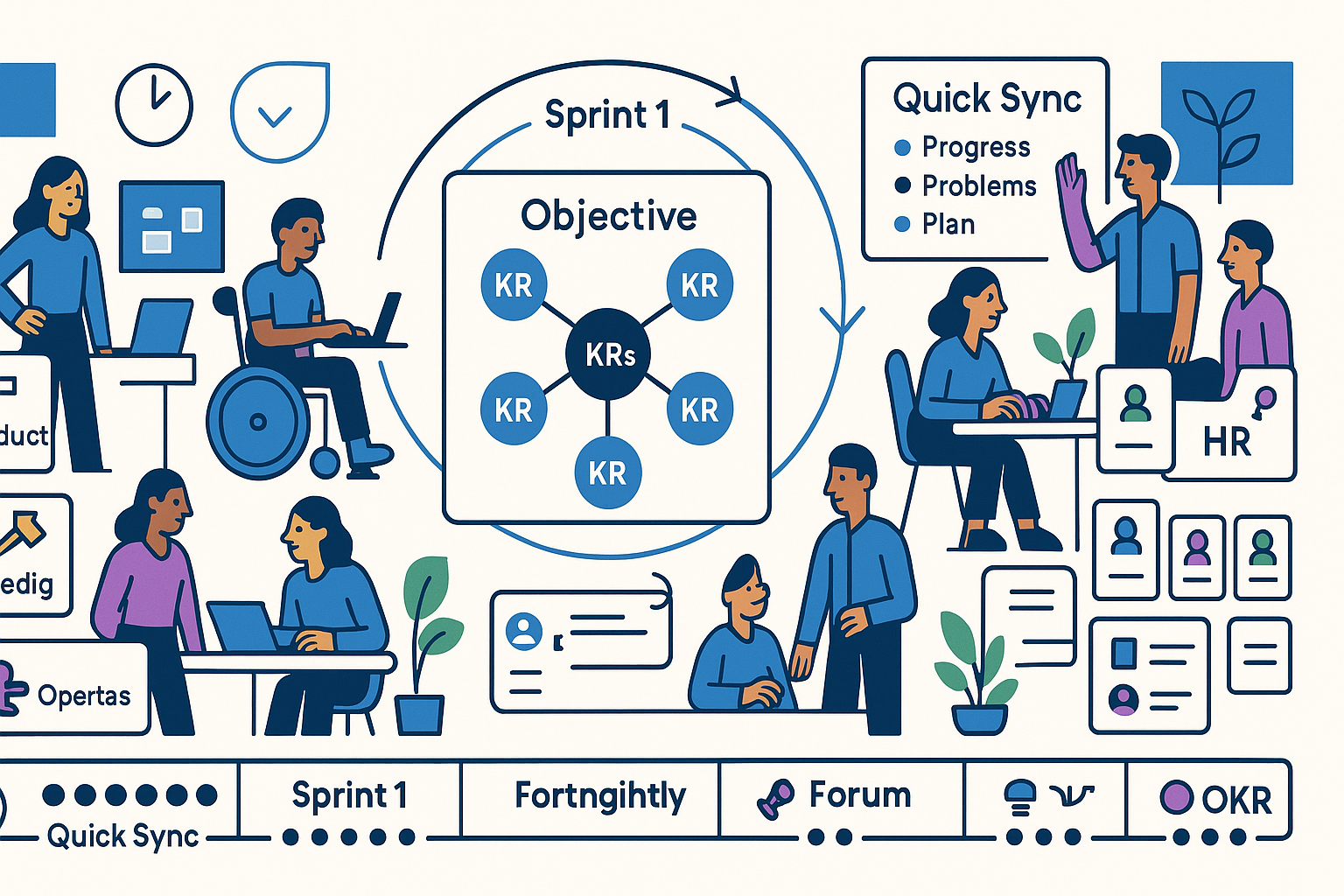 Diagram of cross-functional teams aligned to a central objective and OKRs, showing two-week sprints, daily quick syncs, single-owner deliverables, clear decision rights, and mapped inter-team hand-offs on a unified operating rhythm calendar.