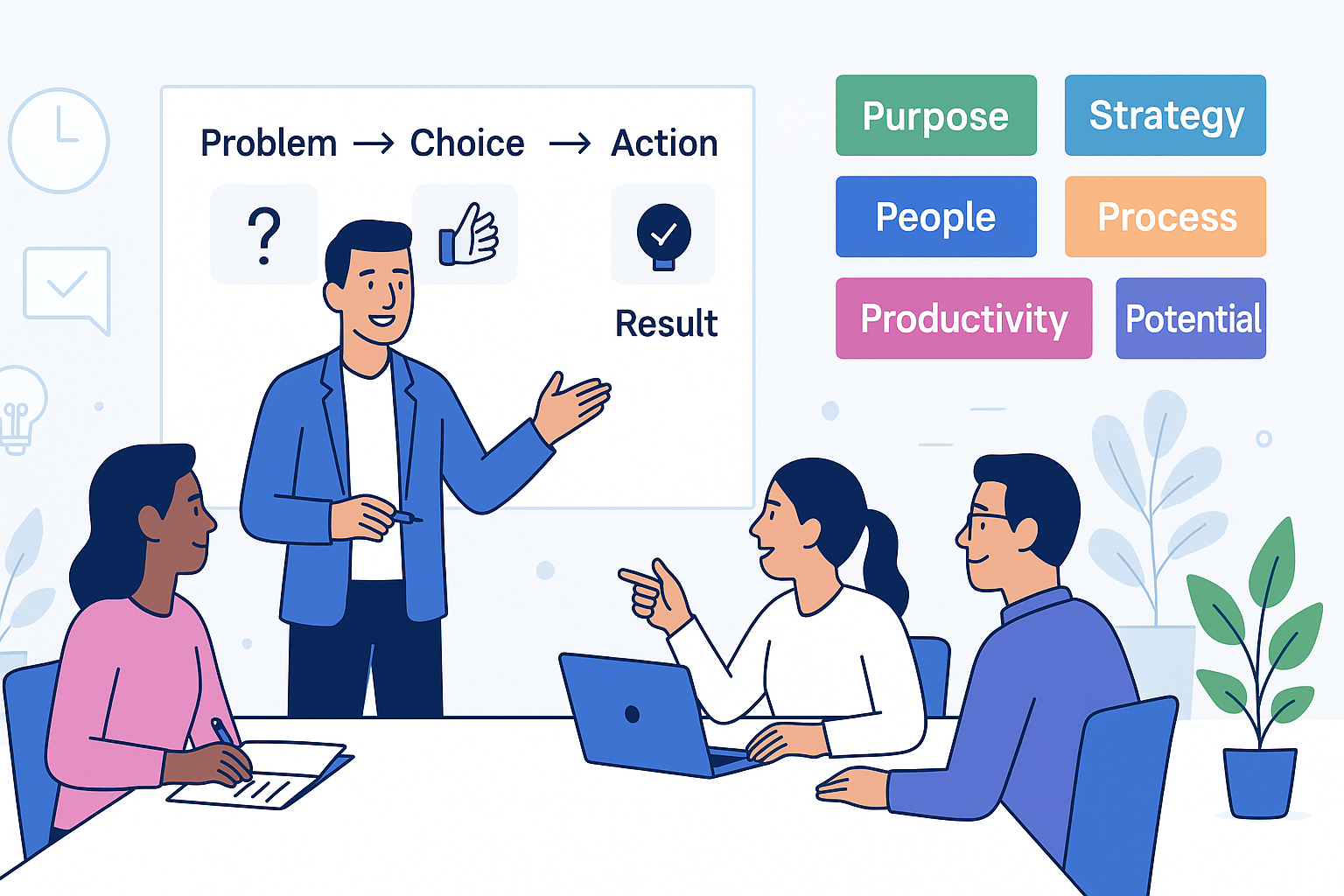 A confident leader presents to a diverse team in a modern office, illustrating storytelling in leadership development with a problem-to-action-to-result flow on wall boards labeled Purpose, Strategy, Process, Productivity, People, and Potential, as participants take notes and nod in understanding.