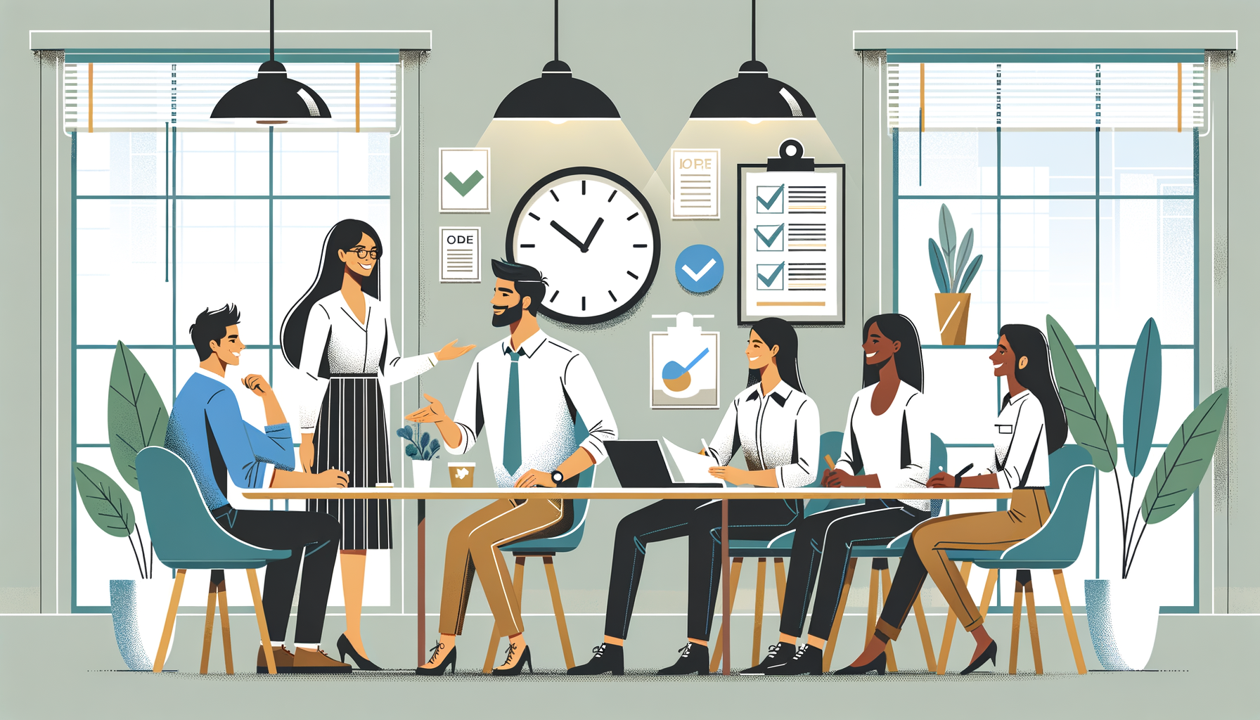 Illustration of a diverse team having a productive meeting in a modern office with a large clock, indicating teamwork and collaboration.