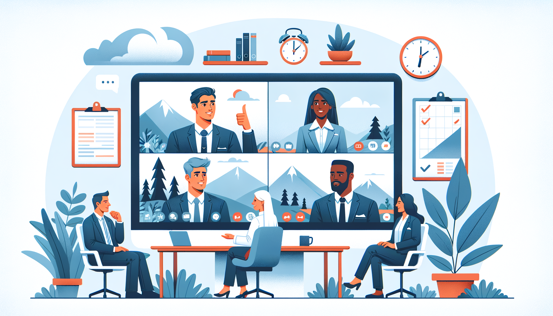 Illustration of a diverse team engaged in a virtual meeting with office plants and digital tools emphasizing online collaboration and remote work.